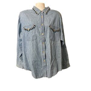 Vintage 80s Clodia Dee WhipStitch Denim Top LRG Long SLV Shoulder Pads Women NWT